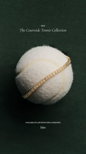 This ad showcases a tennis bracelet from Kinn's new Courtside Tennis Collection. The bracelet is draped over a tenni