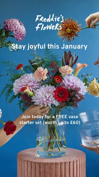 This image ad for Freddie's Flowers promotes a free vase starter set with new subscriptions in January, using a vibr