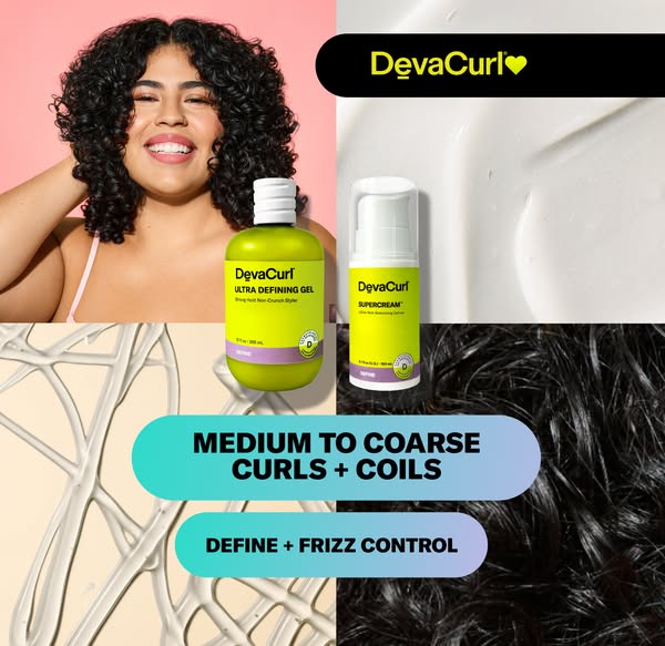 This ad for DevaCurl features a split screen: on one side, a curly-haired model smiles next to the brand's Ultra Def