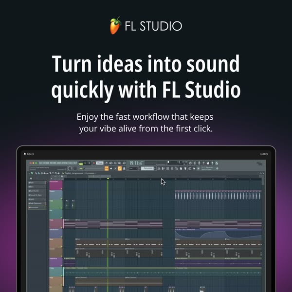 This image ad for FL Studio highlights how quickly a user can turn their ideas into sound by using their software.