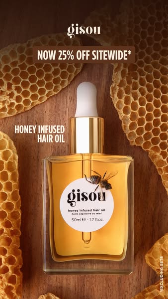 This Gisou ad features a close-up of their honey-infused hair oil product against a backdrop of honeycomb. The ad highli