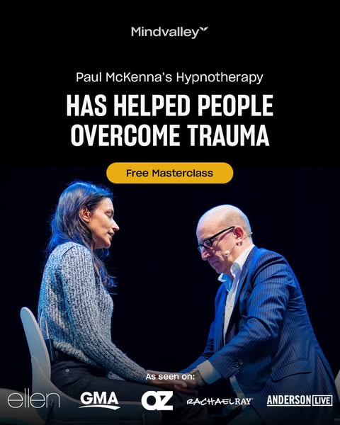 This image ad for Mindvalley promotes Paul McKenna's hypnotherapy masterclass, highlighting its effectiveness in hel