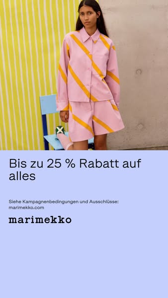 This ad from Marimekko features a model wearing matching light pink shorts and a button-up shirt with thick yellow strip