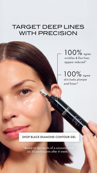 The ad is for 111SKIN's Black Diamond Contour Gel, which is marketed for reducing the appearance of wrinkles and mak