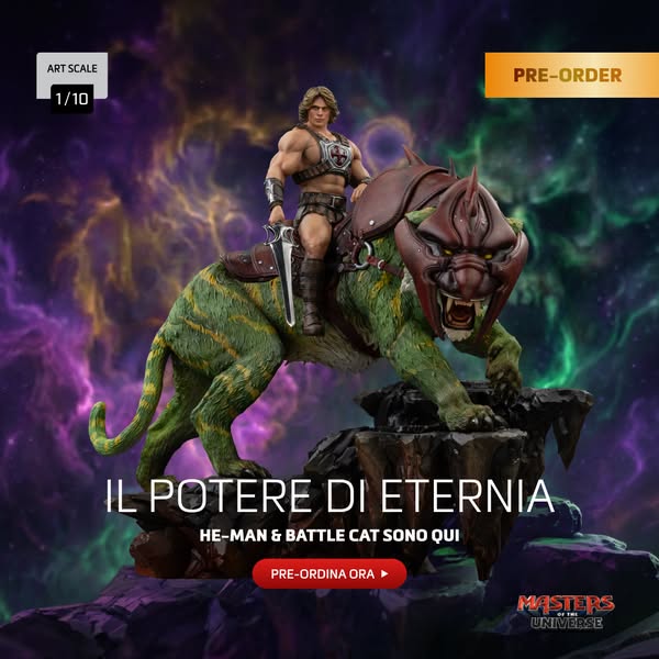 This ad showcases a statue of He-Man riding Battle Cat from Masters of the Universe, emphasizing the product's quali