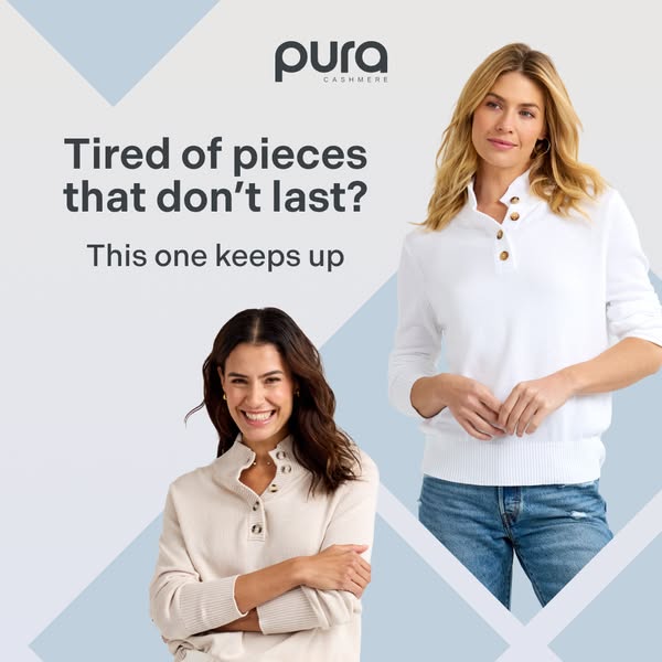 This image ad features two women in Pura Cashmere shirts, designed to showcase the brand's modern aesthetic and long