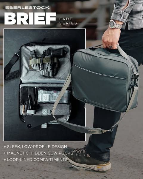 This ad showcases the Eberlestock Brief Fade Series bag, highlighting its sleek design, hidden pocket, and loop-lined co