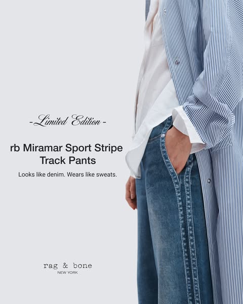 This ad showcases Rag & Bone's rb Miramar Sport Stripe Track Pants, emphasizing their blend of denim appearance 