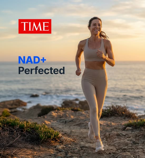 An ad promoting NAD+ supplementation featuring an image of a smiling woman running by the ocean, with the text “TIME” an