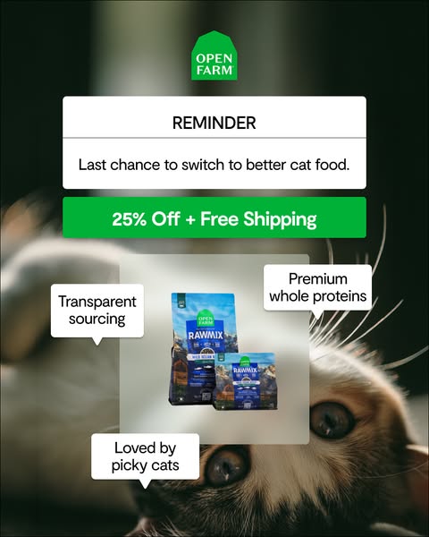 This image ad for Open Farm cat food uses a close-up of a cat to draw attention to the product. The ad highlights featur