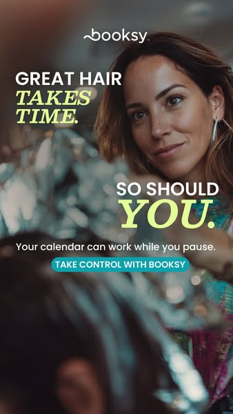 This image ad for Booksy highlights how their product allows hair stylists to spend more time on their clients by allowi