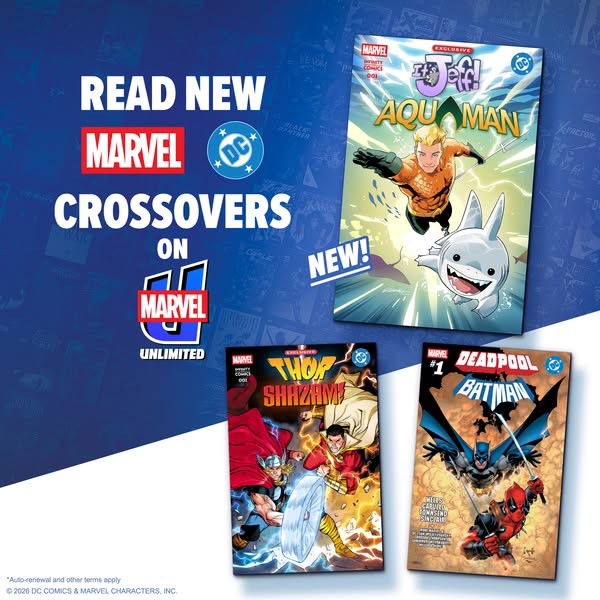 This image ad promotes the new Marvel/DC comic crossovers available on Marvel Unlimited. The ad displays the text "