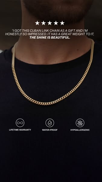 This image ad features a male model wearing a gold Cuban link chain. The ad includes a customer testimonial and highligh