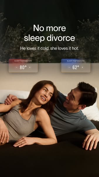 The ad features a couple in bed and uses text and color gradients to convey the benefit of temperature regulation on eac
