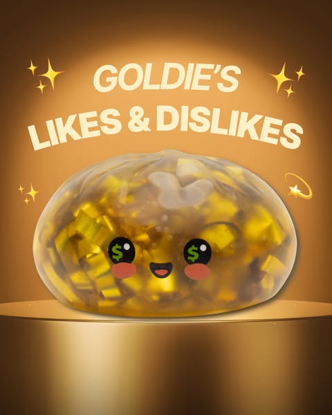This ad presents Goldie's Likes & Dislikes toy, a sensory toy filled with gold foil and shaped like a round char