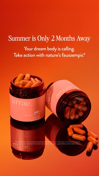 The ad features two Arrae MB-1 supplement bottles positioned against an orange background, emphasizing the product's