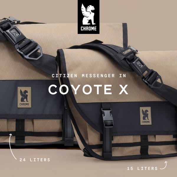This ad compares two sizes of the same messenger bag, highlighting the difference in capacity.