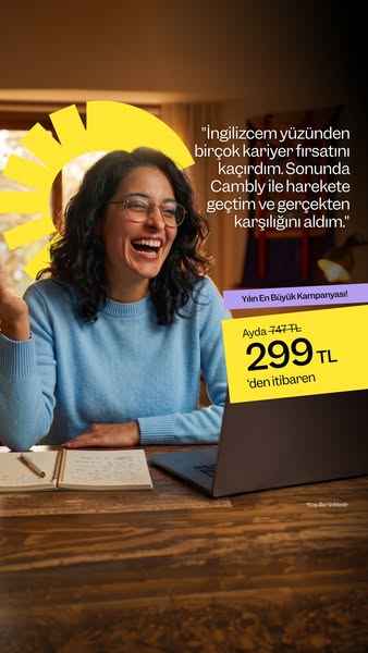The ad features a woman smiling and looking at her computer while a testimonial quote appears to her right in Turkish. T