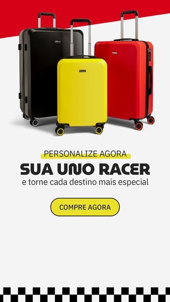 This ad is for UNO RACER suitcases. There are three suitcases of different sizes, each in a different color (black, yell