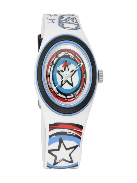 This ad showcases a white wrist watch that features a Captain America-inspired design. The watch face features a circula