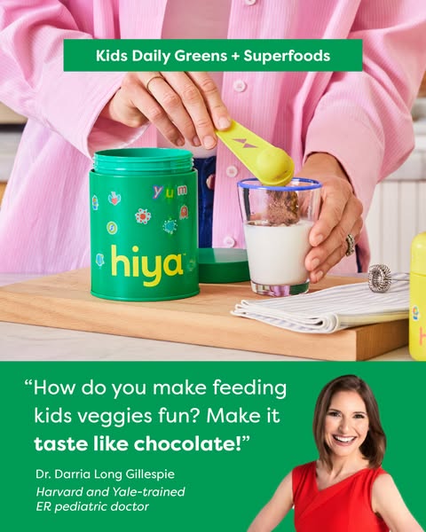 This ad features a pediatrician recommending Hiya Kids Daily Greens + Superfoods as a way to make feeding kids veggies f