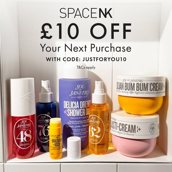 This image ad for Space NK offers £10 off your next purchase with a discount code, featuring a variety of Sol de Janeiro