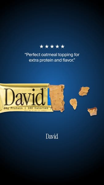 This ad showcases the David bar as a high-protein, low-calorie topping for oatmeal. The ad uses a five-star rating and a