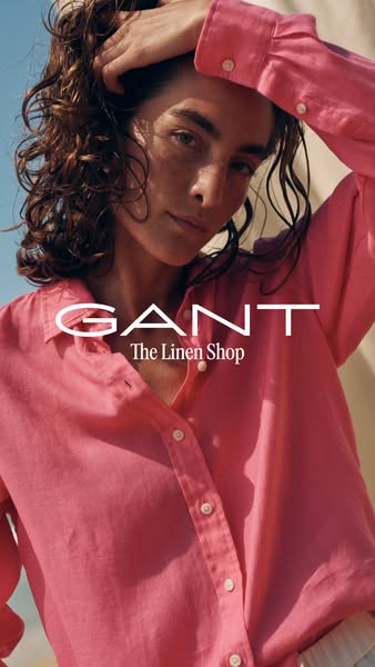 This ad features a close-up shot of a woman wearing a pink button-down linen shirt. The ad highlights GANT's The Lin