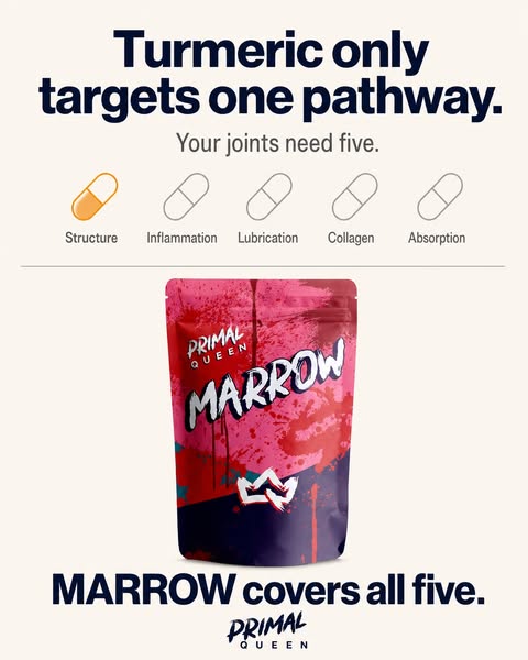 This image ad for Primal Queen's Marrow product claims it provides benefits to five pathways for joint health while 