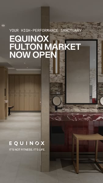 This image ad promotes the grand opening of a new Equinox fitness center in Fulton Market. The ad features a brightly li