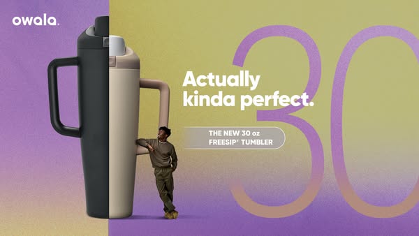 This ad showcases the new Owala FreeSip 30oz tumbler. The ad features a split-screen design, with one side in dark gray/