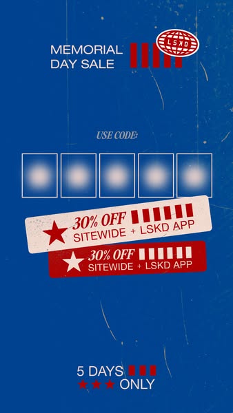 This image ad is promoting the LSKD brand's Memorial Day sale, which includes 30% off sitewide and on the LSKD app f