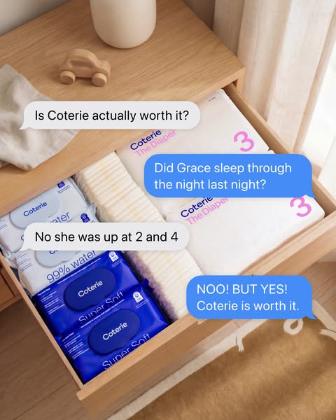 This ad uses a conversational interface to ask if Coterie diapers are worth it. The response admits to a difficult night