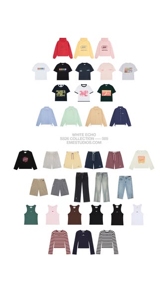 This ad showcases a variety of clothing items in a product gallery. The items are arranged in rows and include hoodies, 
