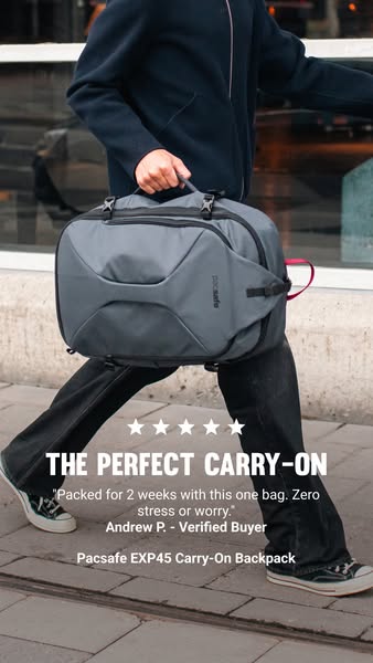 Ad showing a traveler with the Pacsafe EXP45 Carry-On Backpack and using a verified buyer testimonial to communicate the