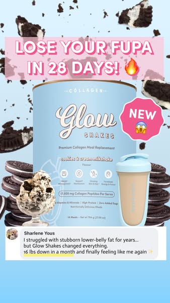 This ad promotes Collagen Glow Shakes. The ad makes a bold claim to lose your fupa in 28 days, along with a customer tes