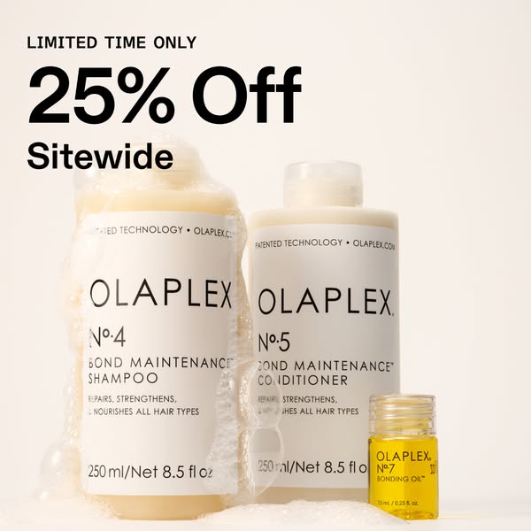 This image ad for Olaplex promotes a limited-time offer of 25% off sitewide. The ad features Olaplex No. 4 Bond Maintena
