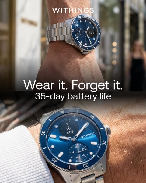 This ad promotes a Withings smartwatch by highlighting its extended battery life. It showcases the product on a wrist in