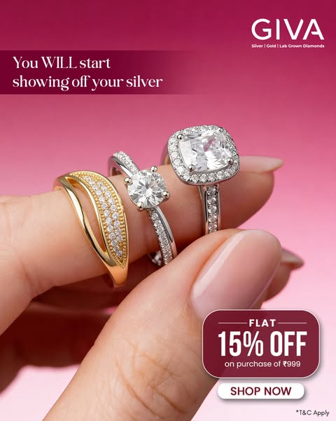 An image ad for GIVA jewelry featuring a hand modeling three different rings. The ad promotes a limited-time offer of 15