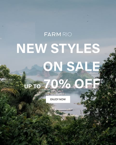 This image ad promotes Farm Rio's new styles that are on sale for up to 70% off. The ad features a scenic view as a 