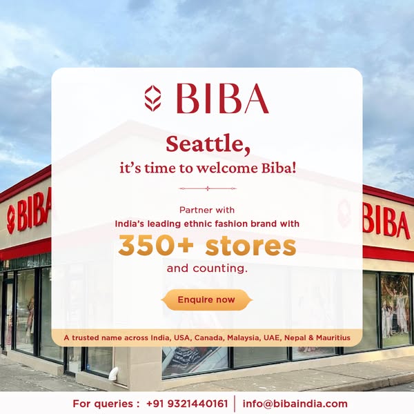 This image ad announces the grand opening of a Biba store in Seattle, highlighting the brand's position as India'