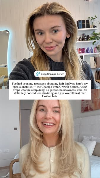 This image ad showcases a woman's before and after hair transformation, attributing the positive change to Châmpo Pi