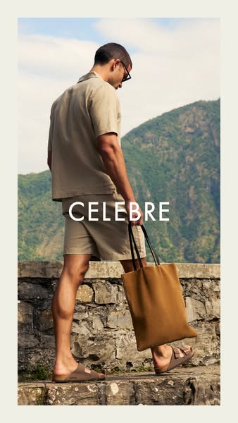 An image ad featuring a person in a casual outfit while carrying a tote bag, set against a natural backdrop.