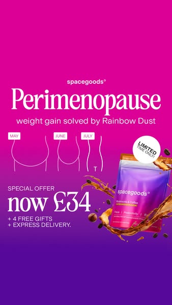 This ad for spacegoods promotes its Mushrooms & Coffee supplement as a solution for weight gain during perimenopause