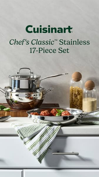 This image ad showcases the Cuisinart Chef's Classic Stainless 17-Piece Set, emphasizing its presence in a home kitc