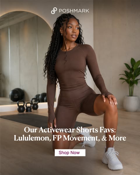 An image ad for Poshmark featuring a woman in activewear to highlight the brand's activewear shorts collection.