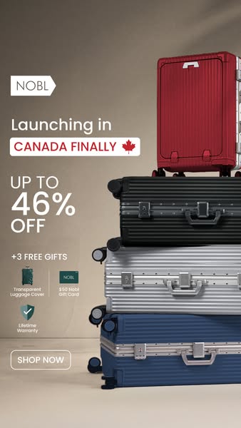 This image ad promotes NOBL luggage, highlighting its launch in Canada, offering up to 46% off, and including +3 free gi