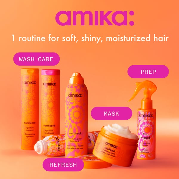 The ad promotes Amika hair products to achieve soft, shiny, and moisturized hair. It features various products categoriz