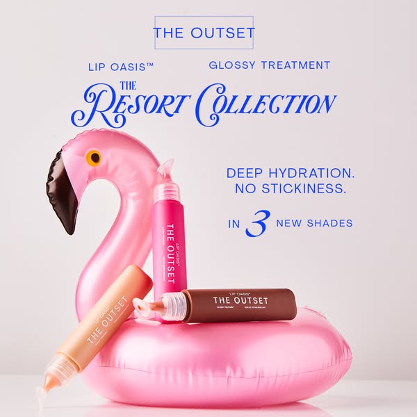 The image ad showcases The Outset's Lip Oasis Glossy Treatment from The Resort Collection in three new shades. The p