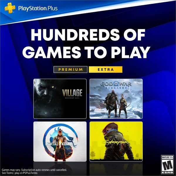 This image ad promotes PlayStation Plus, highlighting the hundreds of games available to play through their premium and 